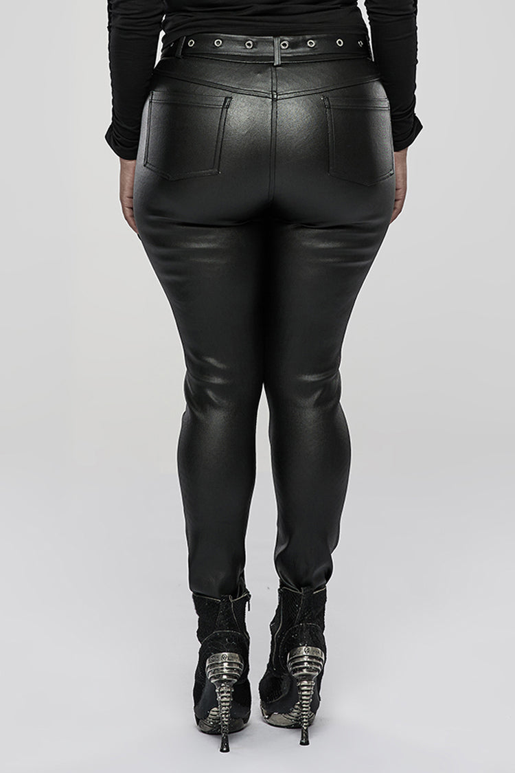 Black Elasticity Glued Woven Fabric Sexy Tight Metal Zipper Belt Decoration Women's Plus Size Punk Trousers