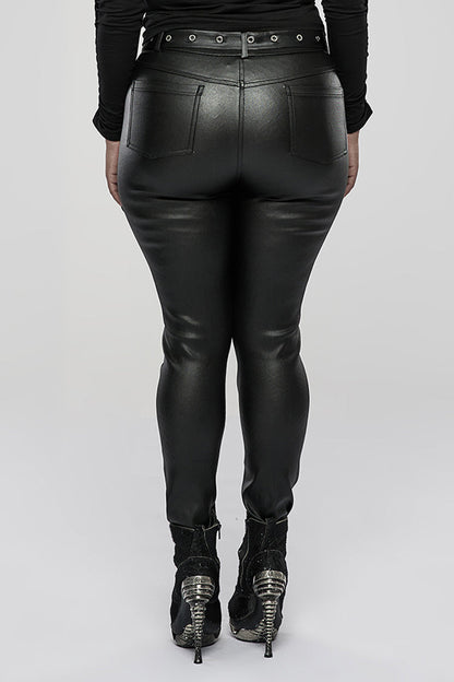Black Elasticity Glued Woven Fabric Sexy Tight Metal Zipper Belt Decoration Women's Plus Size Punk Trousers
