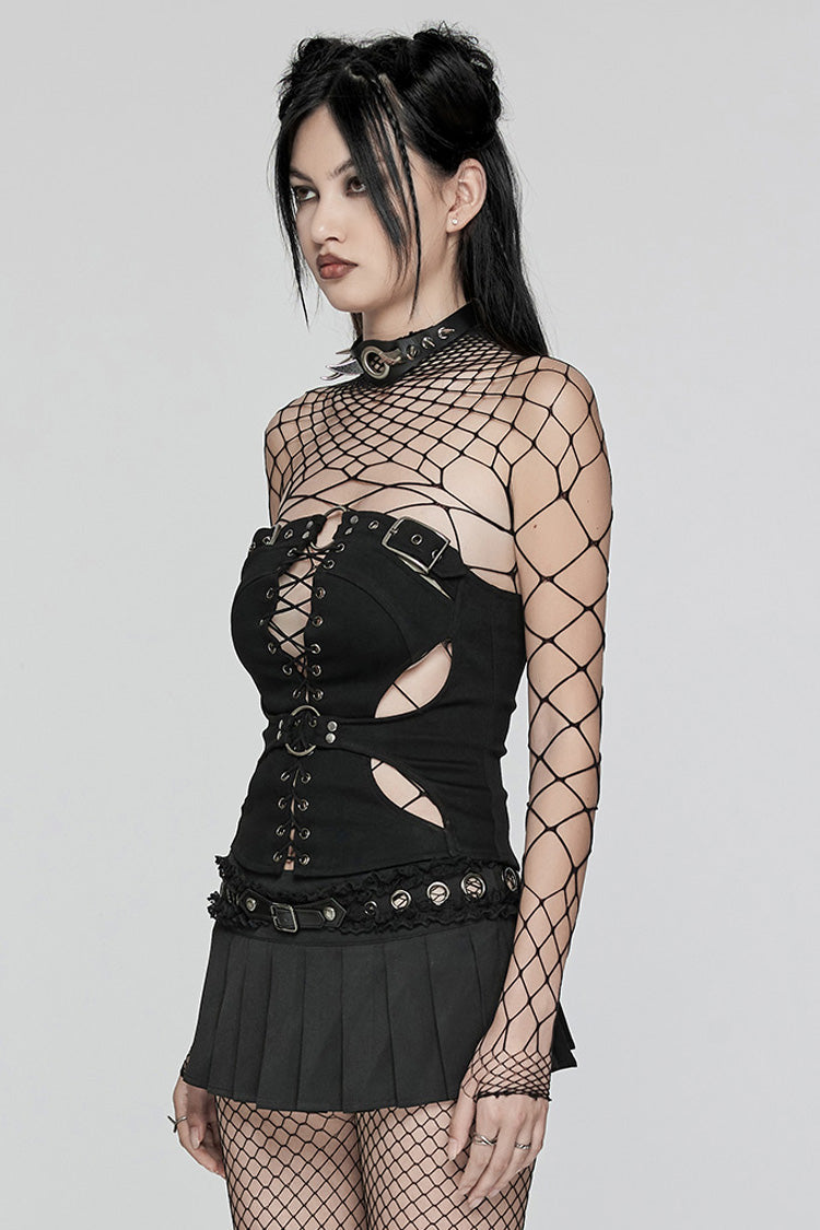 Black Hollow Lace-Up Ripped Buckle Women's Punk Tube Top