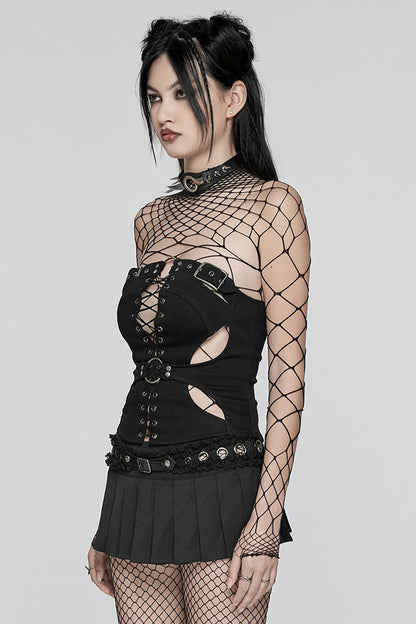 Black Hollow Lace-Up Ripped Buckle Women's Punk Tube Top