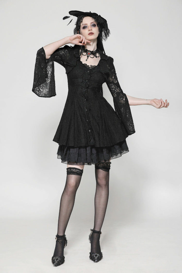Black Long Trumpet Sleeves Embroidered Lace Lace-Up Women's Gothic Honeymoon Dress