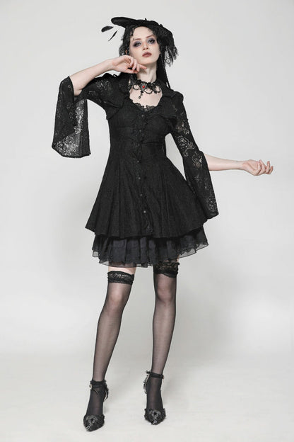 Black Long Trumpet Sleeves Embroidered Lace Lace-Up Women's Gothic Honeymoon Dress