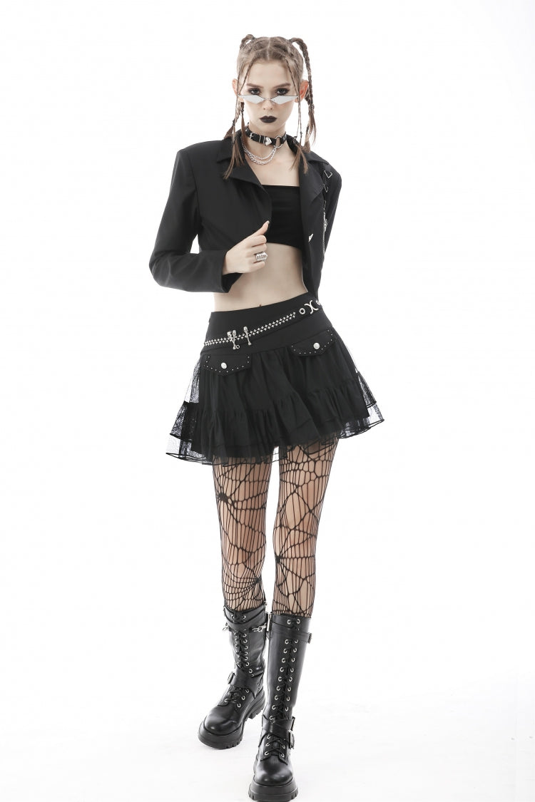 Black Lapel Collar Long Sleeves Chain-Decorated Women's Punk Irregular Short Jacket
