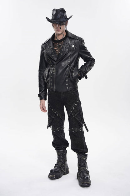 Black Lapel Collar Long Sleeves Studded Buckled Zippered Eyelet Women's Punk Jacket