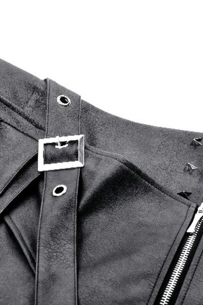 Black Faux Leather Straps Zippered Women's Punk Short Skirt