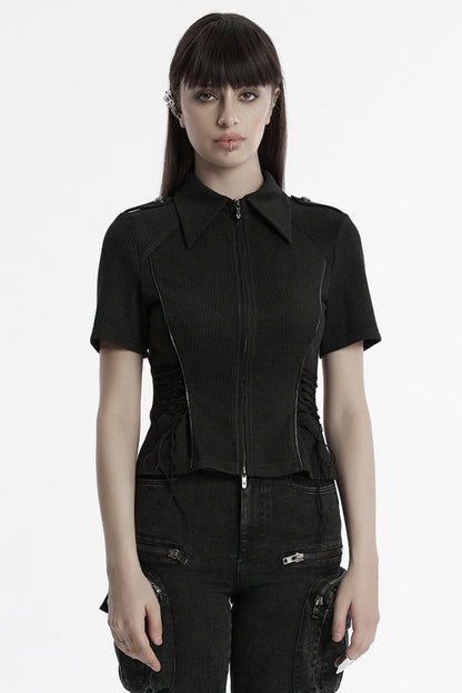 Black Lapel Collar Long Sleeves Lace-Up Women's Punk Military Blouse