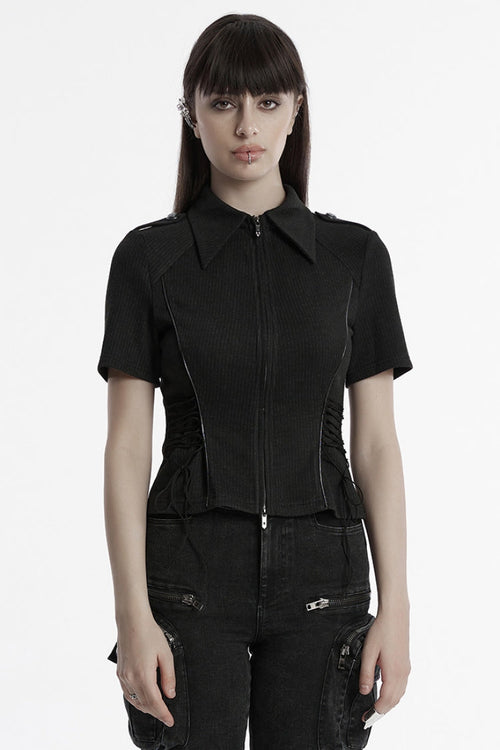 Black Lapel Collar Long Sleeves Lace-Up Women's Punk Military Blouse