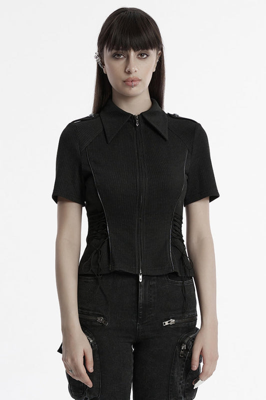 Black Lapel Collar Long Sleeves Lace-Up Women's Punk Military Blouse