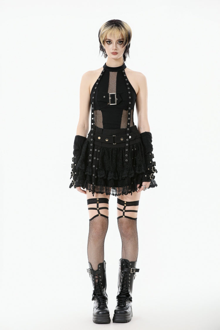 Black Off Shoulder Halterneck Sleeveless Mesh Eyelet Strap Women's Punk Top