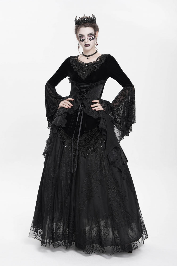Black Long Sleeves Lace-Up Beaded Pleated Women's Gothic Blouse