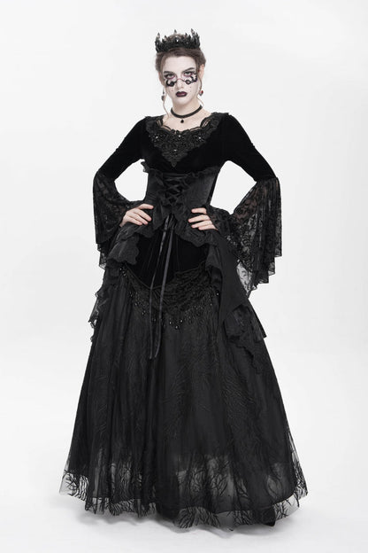 Black Long Sleeves Lace-Up Beaded Pleated Women's Gothic Blouse