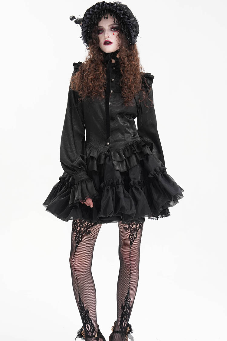 Black Long Sleeves Print Ruffle Lace Women's Gothic Blouse