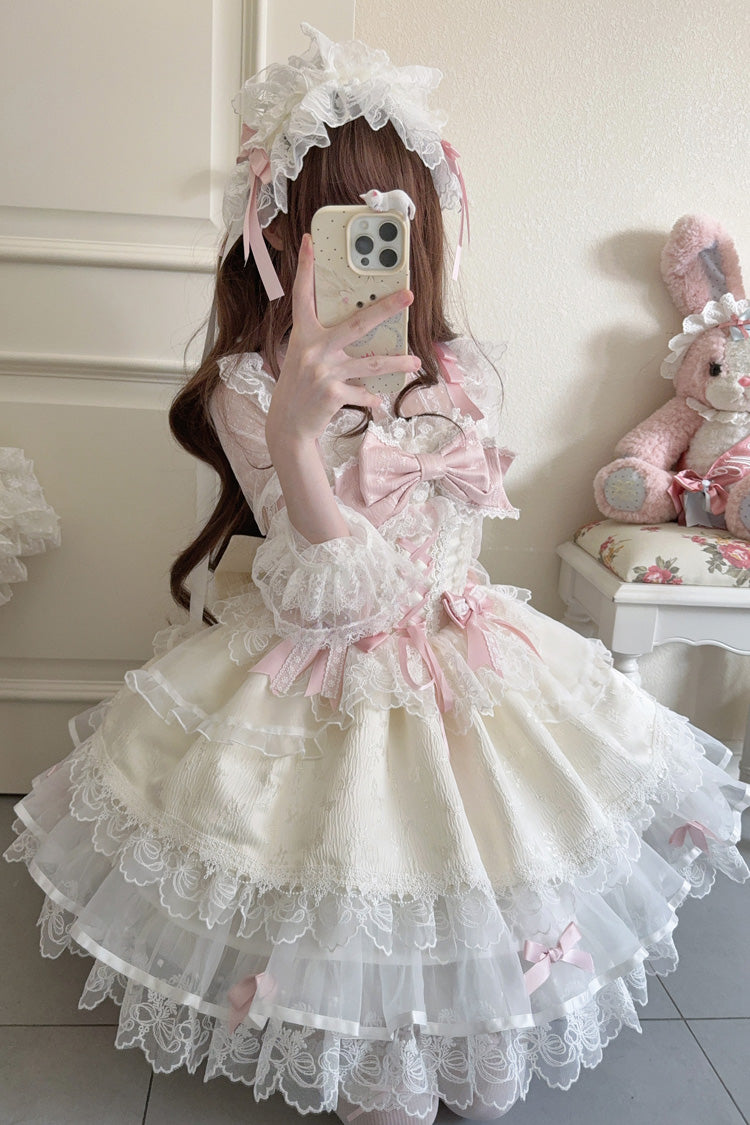 Apricot [Fleishi Island] Sleeveless Ruffle Bowknot Lace Slim Sweet Ballet Lolita Jsk Dress