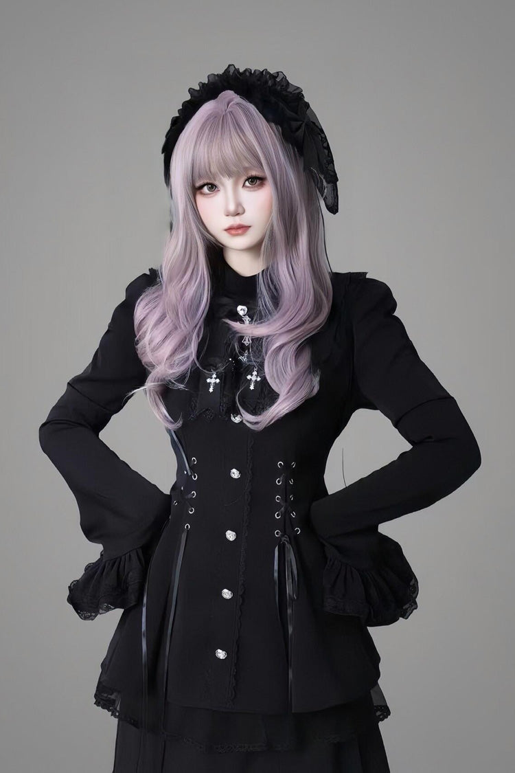 Black Long Trumpet Sleeves Ruffle Gothic Jirai Kei Japanese Dress Set 2 Colors