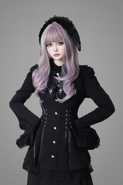 Black Long Trumpet Sleeves Ruffle Gothic Jirai Kei Japanese Dress Set 2 Colors