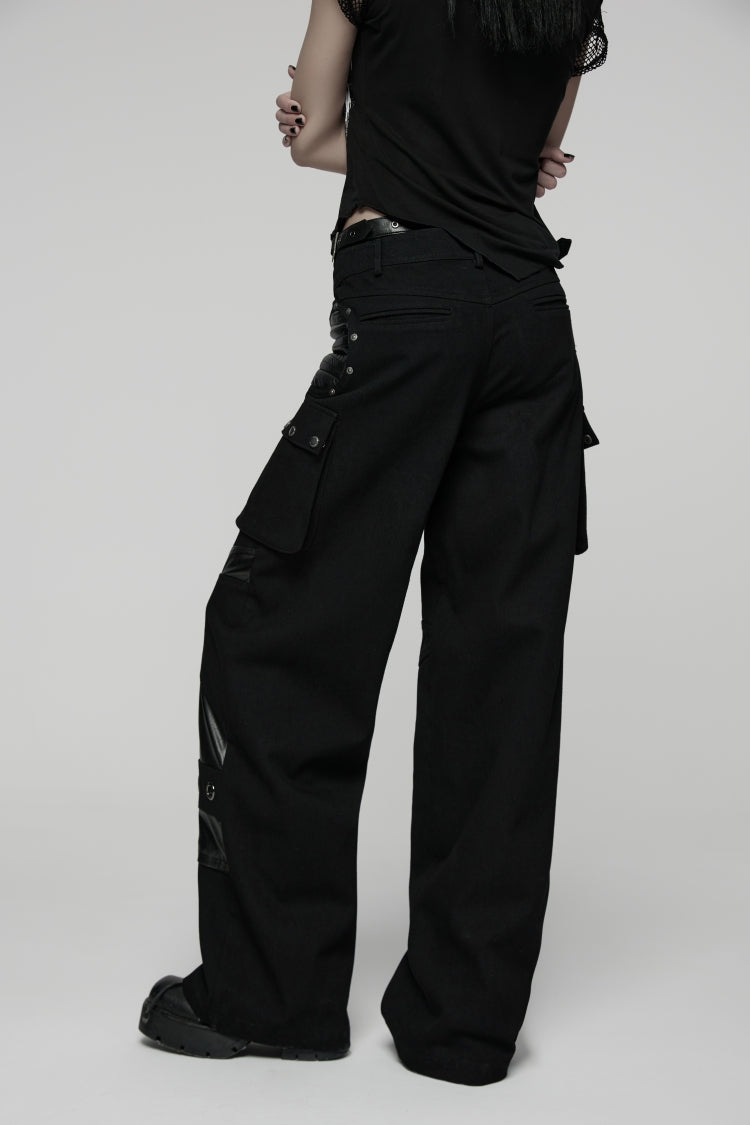 Black Lace Lace-Up Buckled Women's Big Pocket Punk Pants