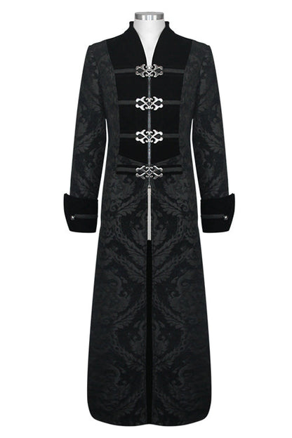 Black Gothic Patterned Metal Buttons Mens Velveteen Long Coat
