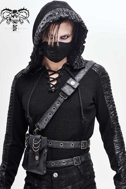 Black Leather Large Capacity Adjustable Fog Flower Men's Gothic Waist Bag