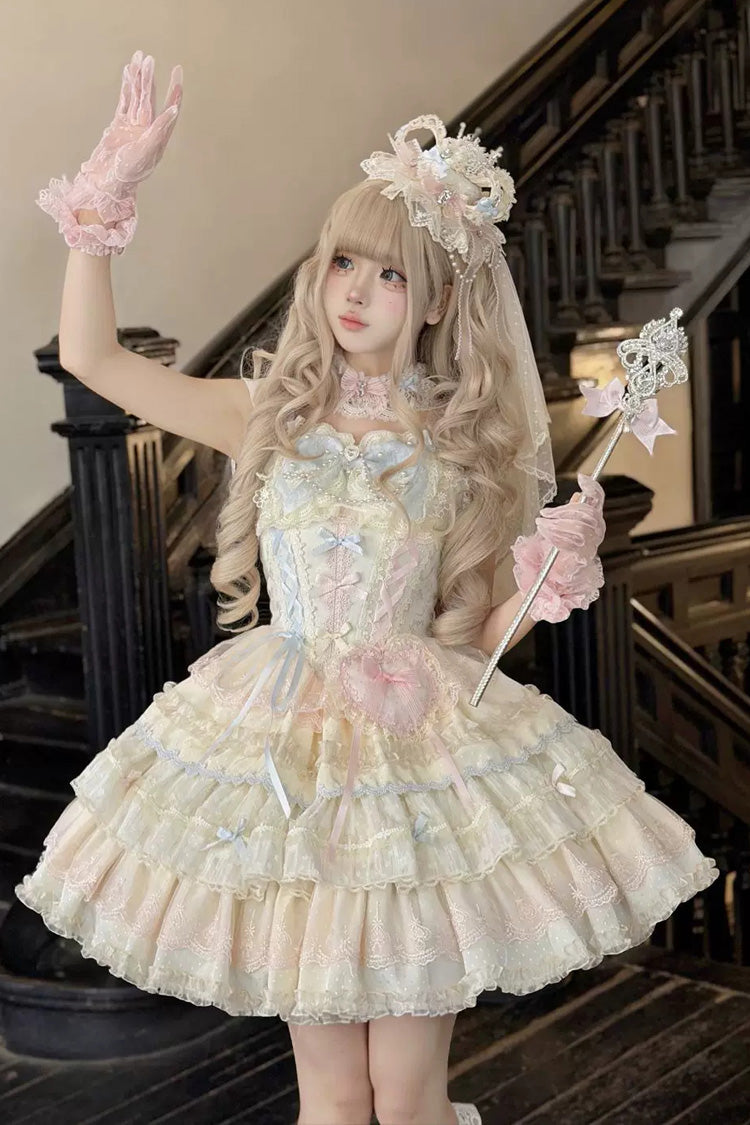 Apricot/Pink [Cloudwhale Dreamweaver] Square Collar Multi-Layered Ruffled Bow Lace Sweet Lolita Jsk Dress