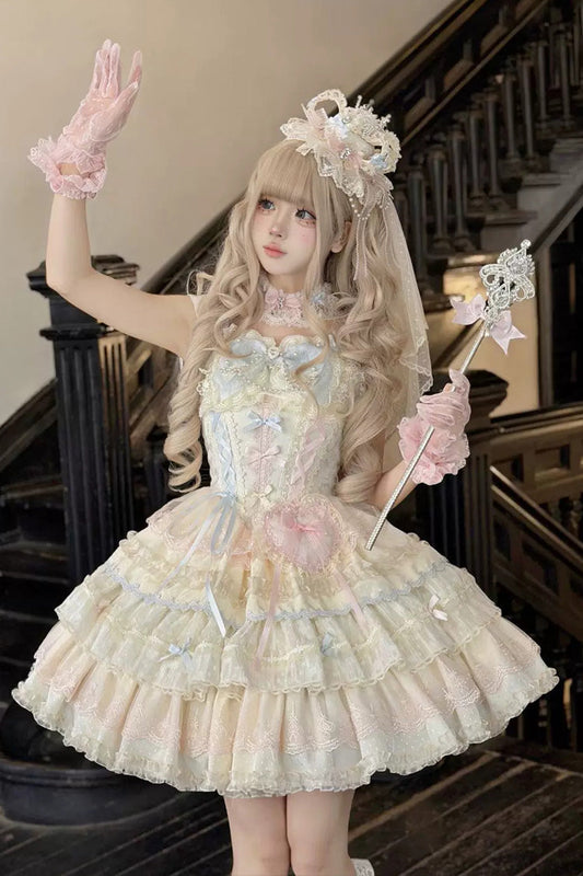 Apricot/Pink [Cloudwhale Dreamweaver] Square Collar Multi-Layered Ruffled Bow Lace Sweet Lolita Jsk Dress