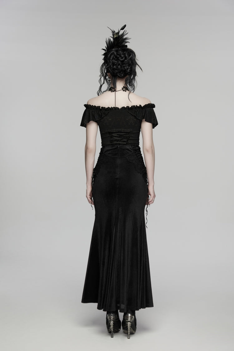 Black Embroidered Lace-Up Slim Women's Gothic Elegant Long Skirt