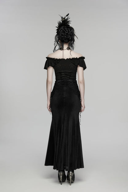 Black Embroidered Lace-Up Slim Women's Gothic Elegant Long Skirt