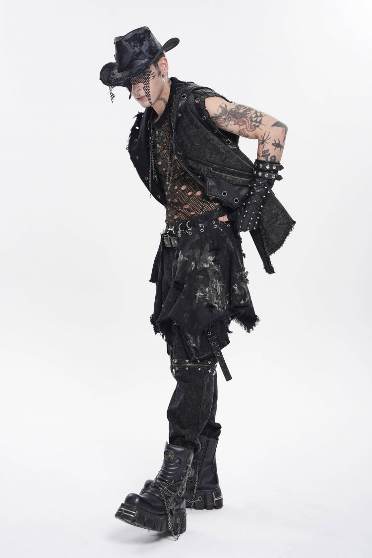 Black Irregular Ripped Buckled Pleated Chain-Decorated Men's Punk Skirt