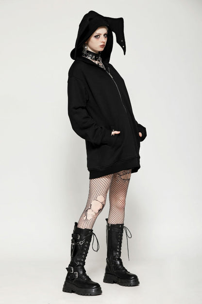 Black Long Sleeves Zippered Women's Gothic Batwing Hoodie