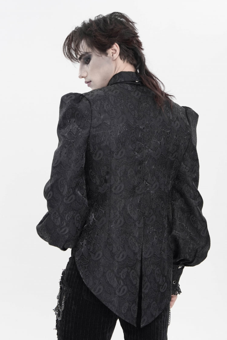 Black Lapel Collar Long Lantern Sleeves Jacquard Embroidered Lace Men's Gothic Palace Swallow-tailed Shirt with Necktie