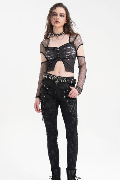 Black Long Sleeves Hollow Mesh Ripped Women's Punk Corset