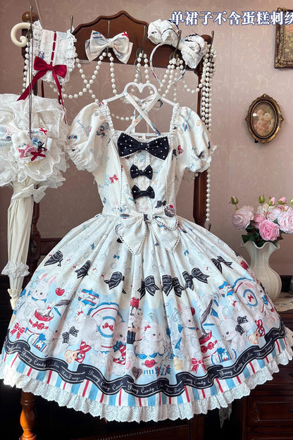 Beige [Mystery Rabbit Tea Party] Square Collar Short Sleeves Print Ruffle Bowknot Lace Sweet Lolita Dress