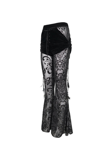 Black Flocking Mesh Side Hanging Feather Pendant Fake Two-Piece Long Women's Gothic Flared Pants
