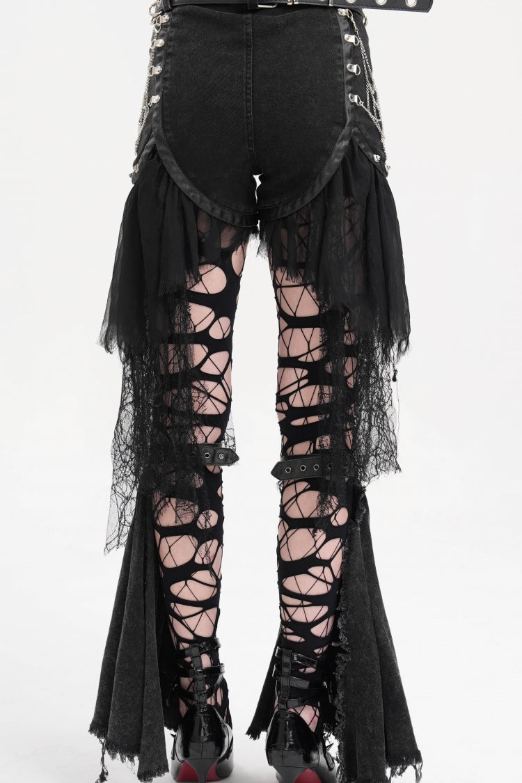 Black Chain Irregular Mesh Ripped Hem Women's Gothic Shorts