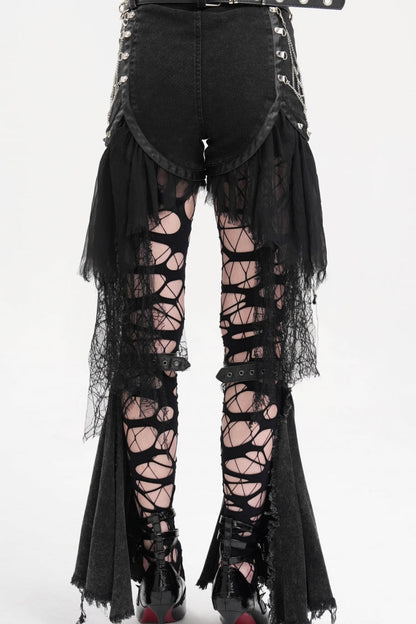 Black Chain Irregular Mesh Ripped Hem Women's Gothic Shorts