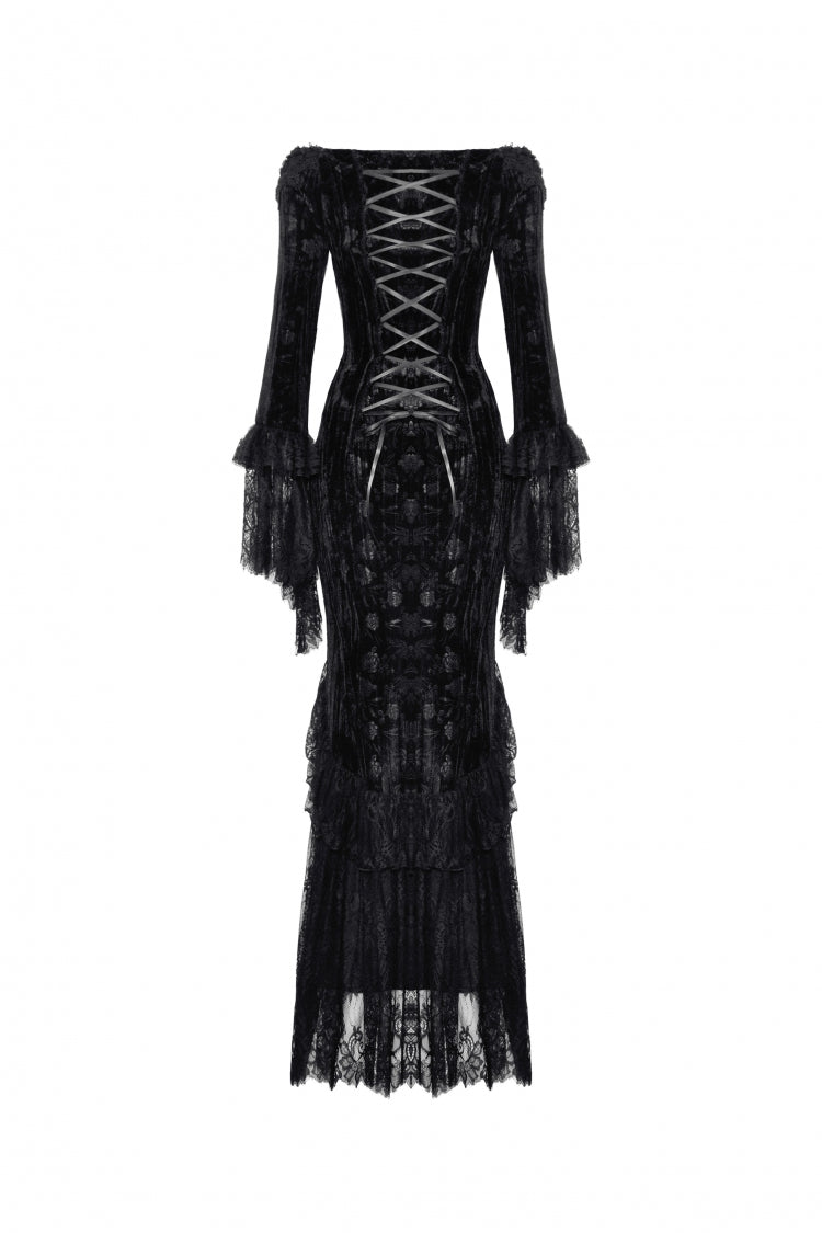 Black Off Shoulder Lace Long Trumpet Sleeves Lace-Up Women's Gothic Bodycon Dress