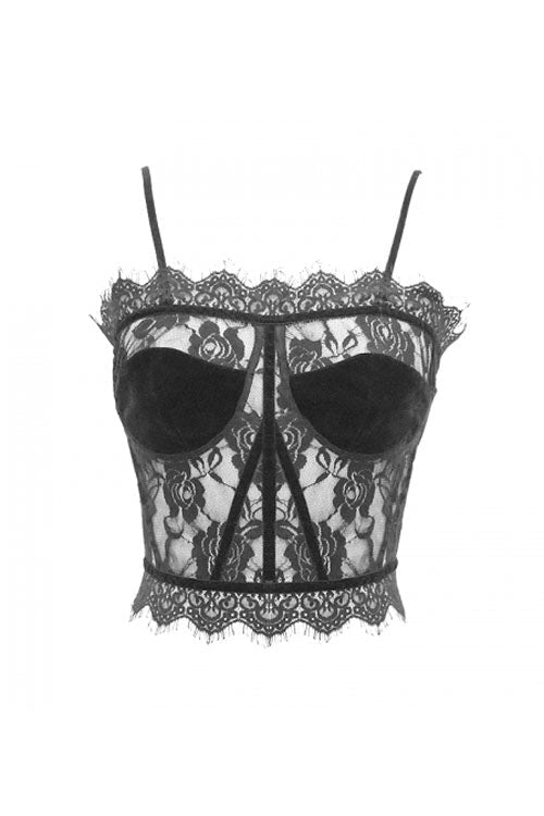 Black Adjustable Flocking Ribbons Decorated Lace Halter Gothic Corset