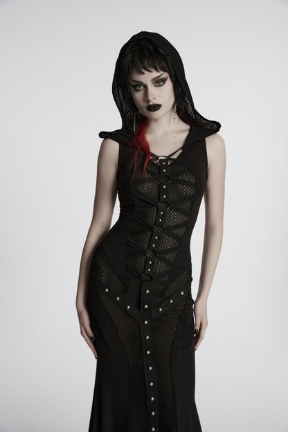 Black Off Shoulder Sleeveless Spliced Lace-Up Slim Mesh Studded Eyelet Women's Punk Dress