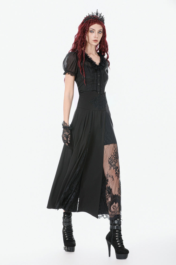 Black High Waisted Floral Printed Lace Mesh Women's Gothic Elegant Long Skirt