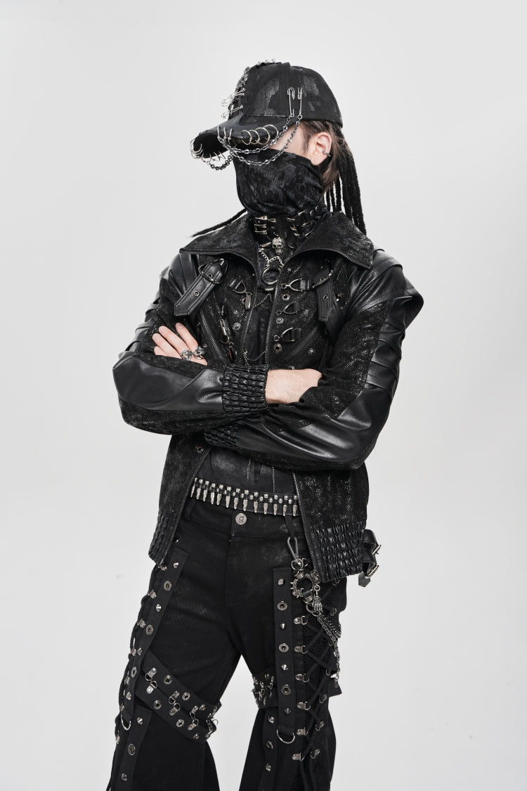 Black Faux Leather Stitching Buckle Zipper Straps Men's Punk Coat