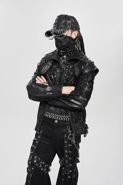 Black Faux Leather Stitching Buckle Zipper Straps Men's Punk Coat