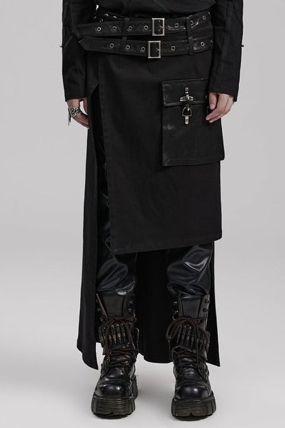 Black Buckle Belt Asymmetric Men's Steampunk Skirt with Side Pockets