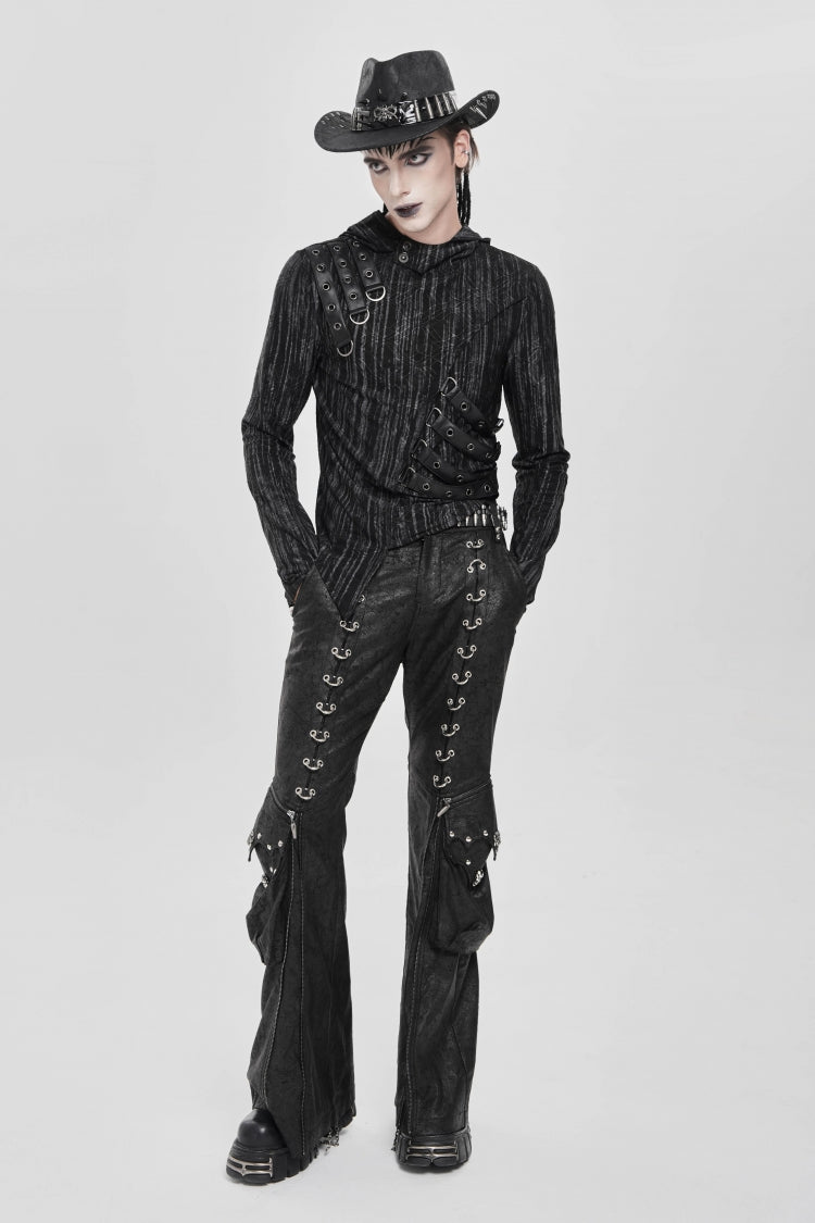 Black Long Sleeves Irregular Hooded Straps Eyelet Men's Punk Blouse