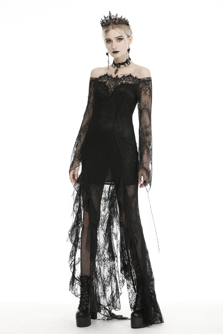 Black Off Shoulder Long Sleeves Lace Lace-Up Women's Gothic Mermaid Wedding Dress