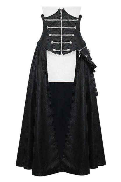 Black Chain Shaped Ribbons Zipper Up Leather Big Swing Punk Womens Half Skirt