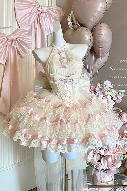 Beige [Ballet Dream] Halterneck Triple-Layered Ruffle Bowknot Lace-Up Sweet Princess Lolita Dress