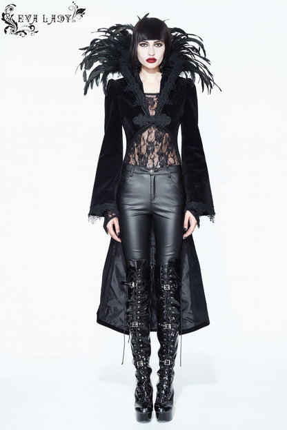 Black Feathered Collar Long Sleeves Bowknot Women's Gothic Tailcoat