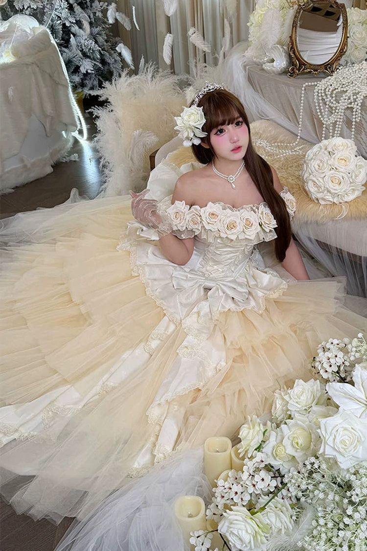 Apricot [Heart’s Beloved Rose] Sleeveless Ruffled Hanayome Bow Lace Lace-Up Sweet Lolita Jsk long Dress
