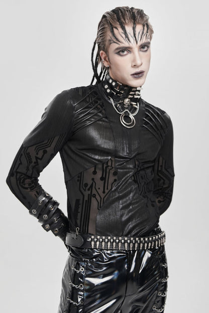 Black Long Sleeves Circuit Board Print Men's Punk Blouse