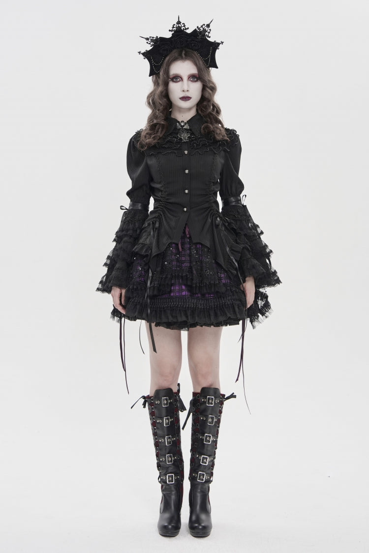 Black Lapel Collar Long Trumpet Sleeves Lace Lace-Up Women's Gothic Blouse