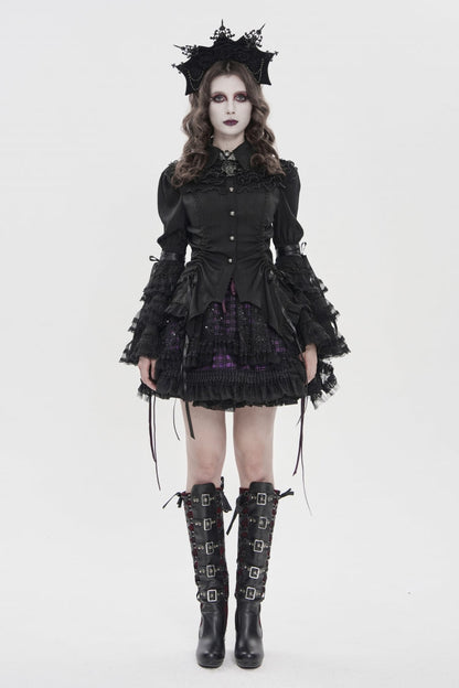 Black Lapel Collar Long Trumpet Sleeves Lace Lace-Up Women's Gothic Blouse